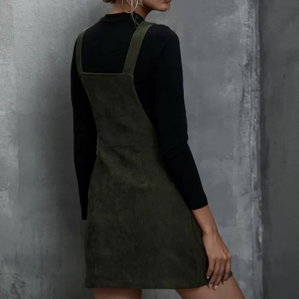 Corduroy zip up boho mini dress sleeveless dark green fall - Picture 2 of 4